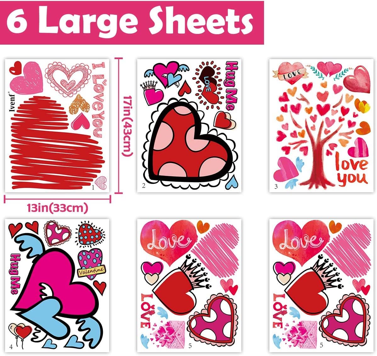 Ivenf Valentines Day Decorations Extra Large Heart Window Clings Decor, Cute Heart Love You Valentines Window Decorations for Kids Home School Office, Wedding Birthday Party Supplies Gifts, 6 Sheets