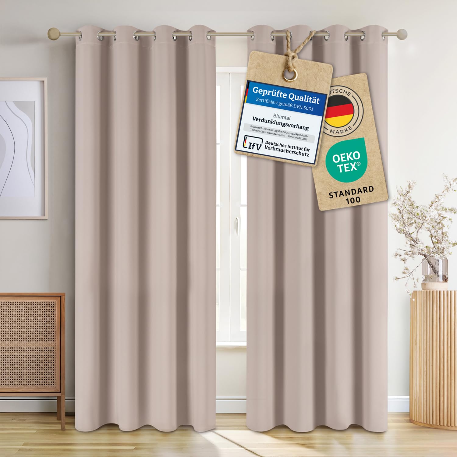 Blumtal Verdunklungsvorhänge 2er Set - Thermovorhang Hitzeschutz - Vorhang Blickdicht mit Ösen - Gardinenschals mit Schlaufen - Curtain - Gardinen 145x140cm - Schlaufenschal 2er Set - Vorhang Taupe