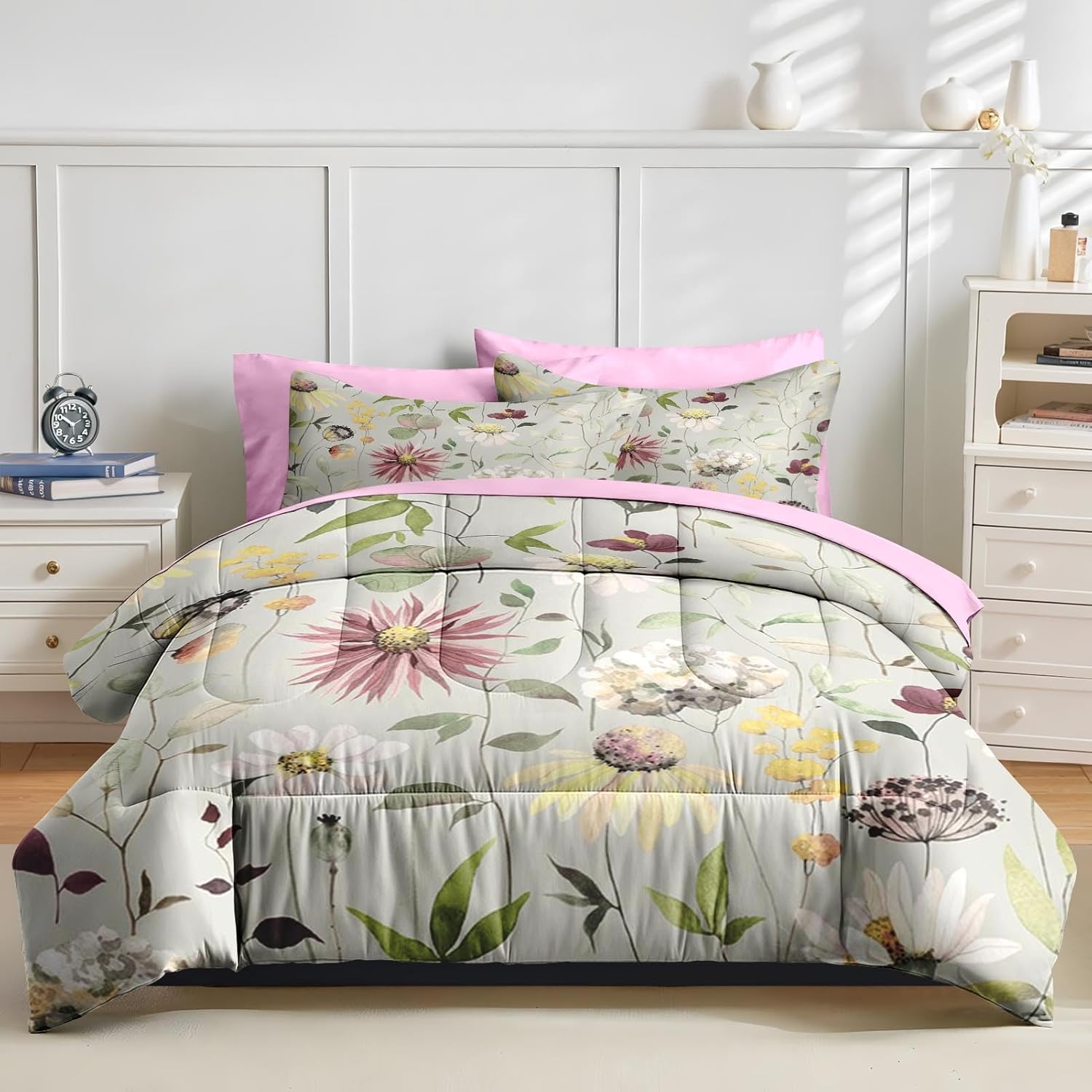 Nesker 7 Pcs Comforter Set Queen Size, Flower Summer Spring Bedding Set for Kids and Adults, Wildflower Vintage Floral Bed Sheet Sets with Fitted Sheet 2 Pillowcases & 2 Shams