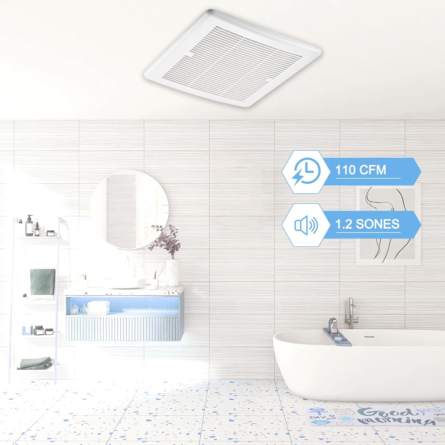 Bathroom Exhaust Fan 110CFM 1.2Sone, Quiet Bath Fan with No Attic access Needed Installation for Bathroom Ceiling, Energy-Saving Household Ventilation Fan, Ceiling Mounted,White
