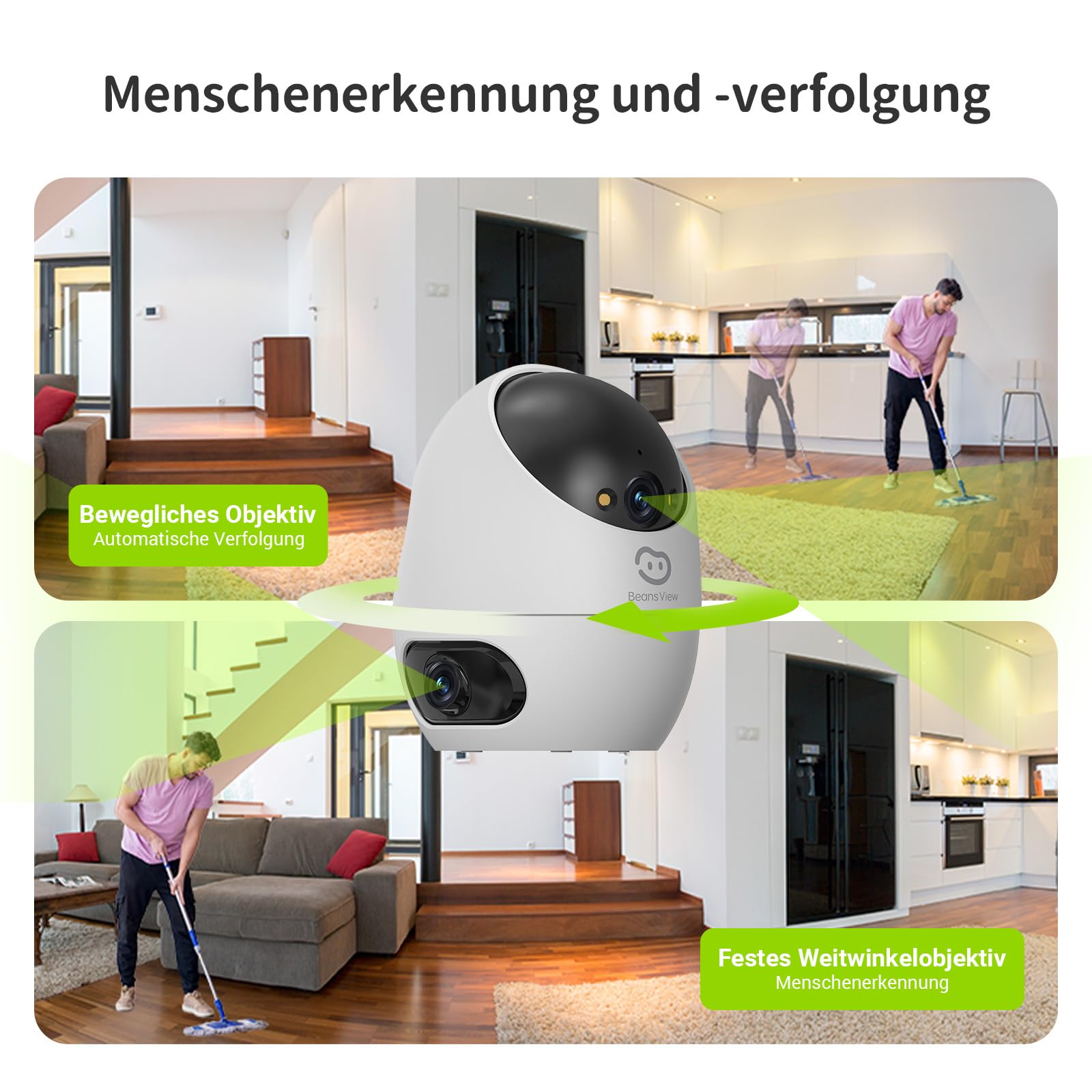 Beans View 2K+2K (3MP+3MP) Innenkamera Zwei Objektiven für Überwachung und Sicherheit, 2,4 GHz WLAN, 360°-Überwachung, Farb-Nachtsicht, Personenerkennung, Automatische Verfolgung, Kompatibel Alexa