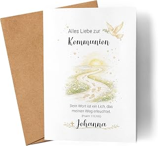 Kiddle-Design Personalisierbare Kommunionskarte Faltkarte Glückwunschkarte Mädchen Junge Individuelle Grußkarte mit Name, Spruch aus Psalm 119,105