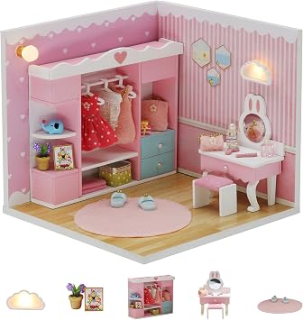 Kisoy Dollhouse Miniature with Furniture Kit, DIY 3D Wooden DIY House Kit A Corner of a Small Apartment Style with Dust Cover & LED,Handmade Tiny House Toys for Adults GiftCloak Room