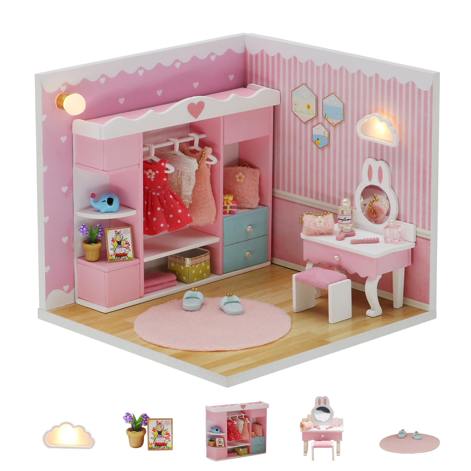 Kisoy Dollhouse Miniature with Furniture Kit, DIY 3D Wooden DIY House Kit A Corner of a Small Apartment Style with Dust Cover & LED,Handmade Tiny