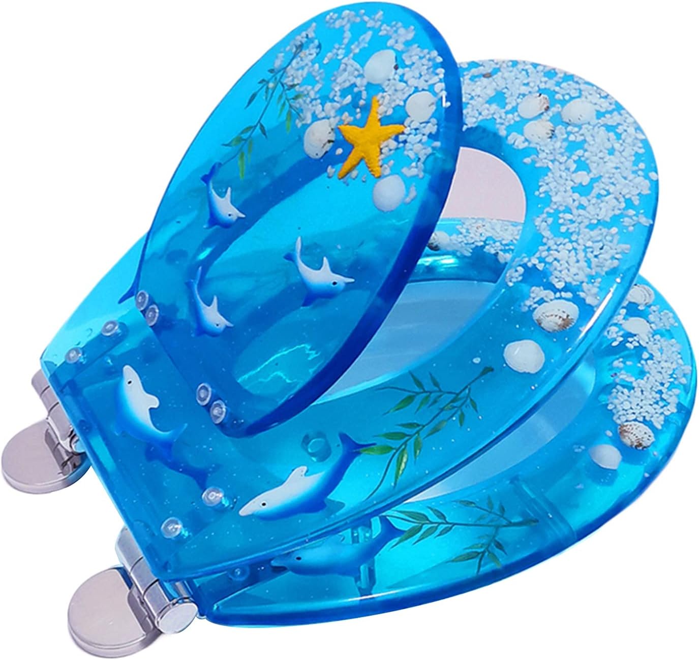 Resin Adult and Children Toilet Seat, 3D Ocean Toilet Seat, with Stainless Steel Adjustable Hinge, for O/V/U-Shaped Toilet (Color : A)