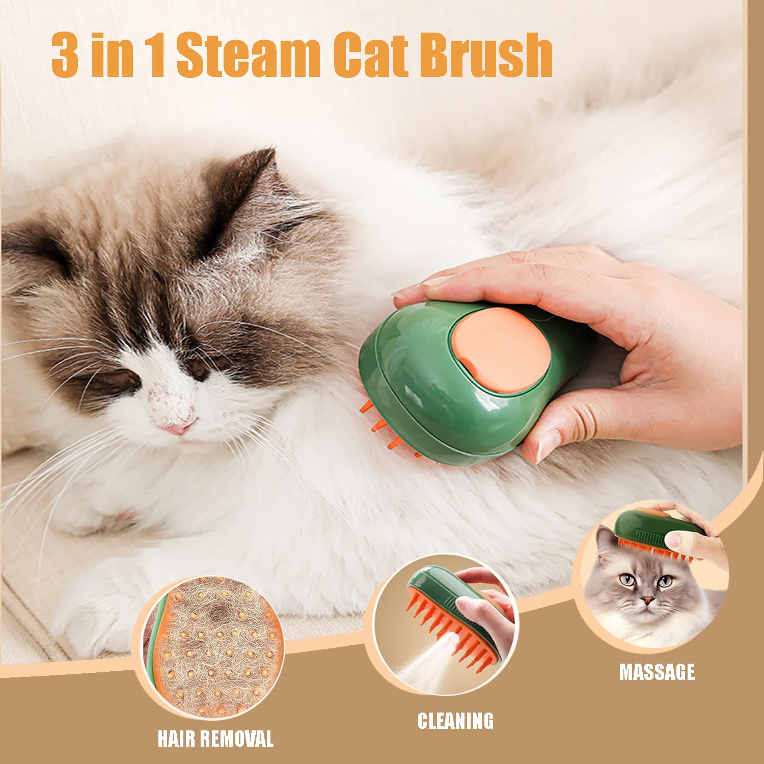 PAMEENCOS Cat Steam Brush, 3 in 1 Cat Brush for Shedding,Spray Cat Brush For Pets Grooming, Portable Pets Hair Removal Tool For Cats and Dogs, Pets Steamy Brush With Water Tank,Green