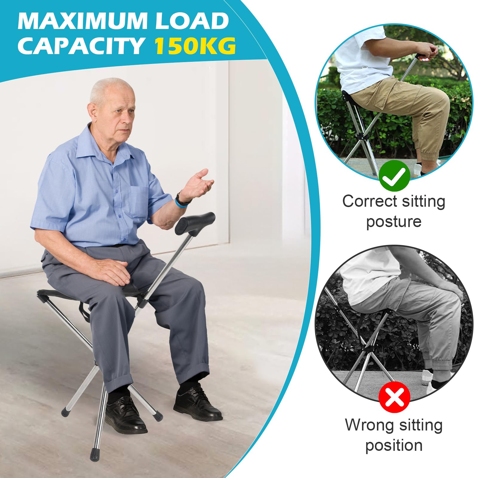 Składana laska z siedziskiem regulowana 80-90 cm, nośność 150 kg dla seniorów