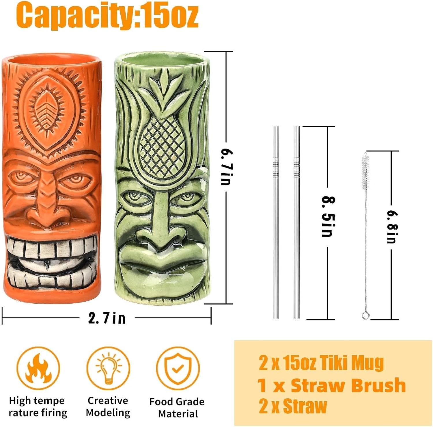 SuproBarware Tiki Mugs Set of 2 - Large Hawaiian Cocktail Glasses with Straws and Coasters, Party Cute Exotic Cocktail Glasses for Tiki Bar and Collection