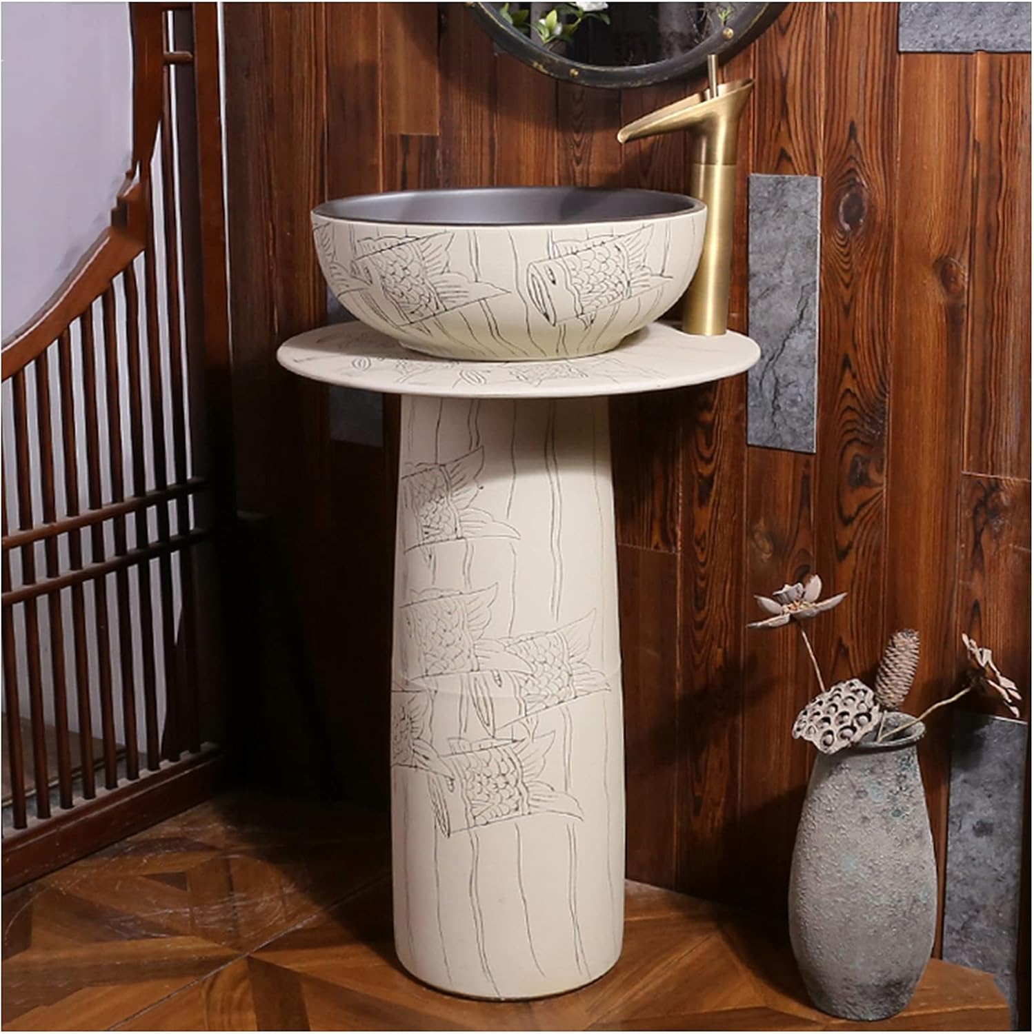 Bathroom Mobile Floor Stand Vanity Unit - Pedestal Bathroom Mobile Ceramic Retro Industrial Style Easy to Clean Floor Standing Washbasin Unit
