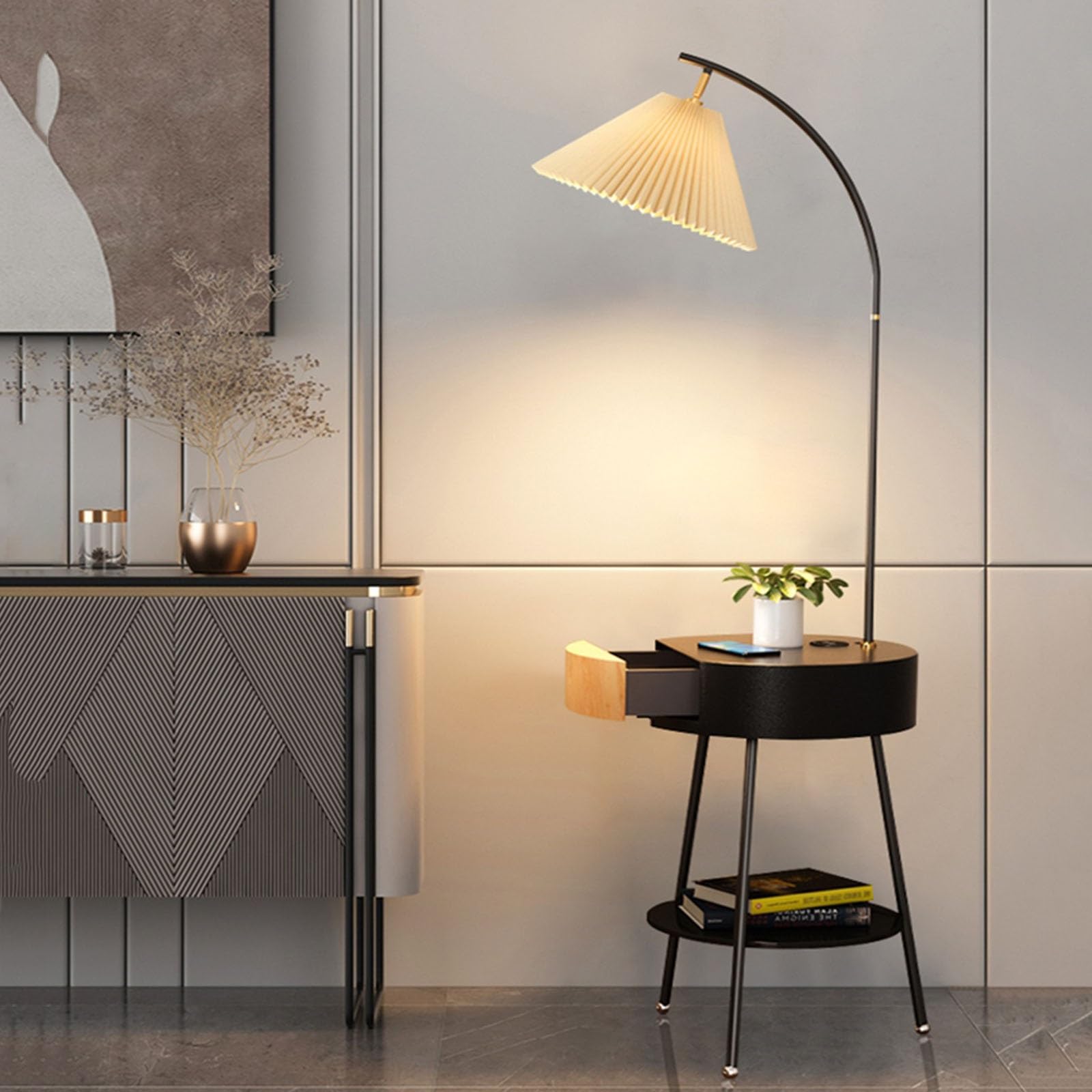 Nowoczesna lampa podłogowa ze stołem, lampa podłogowa z szufladą, stolik boczny z portem ładowania USB, nowoczesny stolik nocny do salonu, sypialni, pokoju gościnnego (czarny)