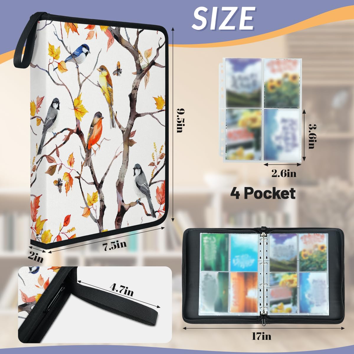 Raccoglitore per carte collezionabili con 4 tasche autunnali con albero di uccellino, raccoglitore per carte con stampa ad acquerello, con maniche rimovibili, impermeabile, con cerniera, 50 pagine