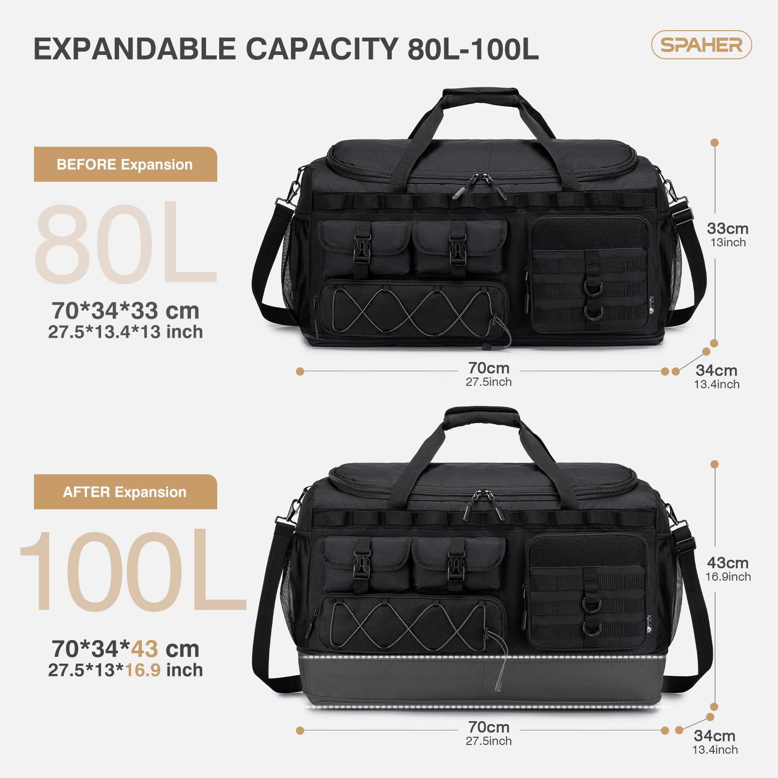 SPAHER 100L Sac de Voyage Sport Extensible Grand Sac a Main, Noir | Sac Demenagement Organisateur Transport Pour Camping Weekend Voyage Voiture Sac a Main Homme Femmes Étanche, Big Travel Bag