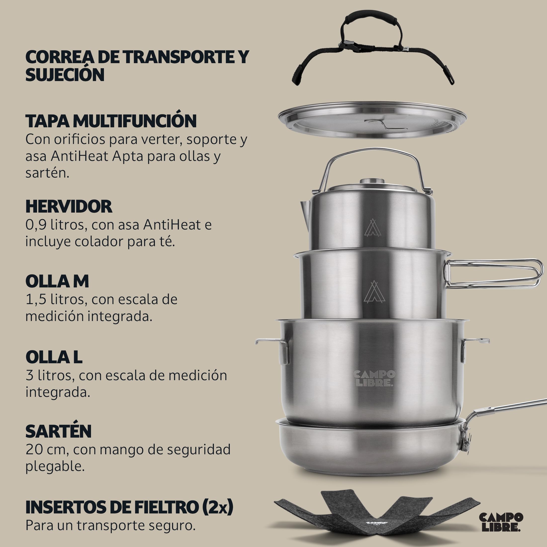 Campo Libre.® Enzo Juego de Cocina Camping – Ollas y Sartenes Acero Inoxidable, Duradero HexaGuard ProCore, Diseño Compacto y Apilable, Bateria de Cocina para Camping Gas, Inducción, Vitro, 6 Piezas