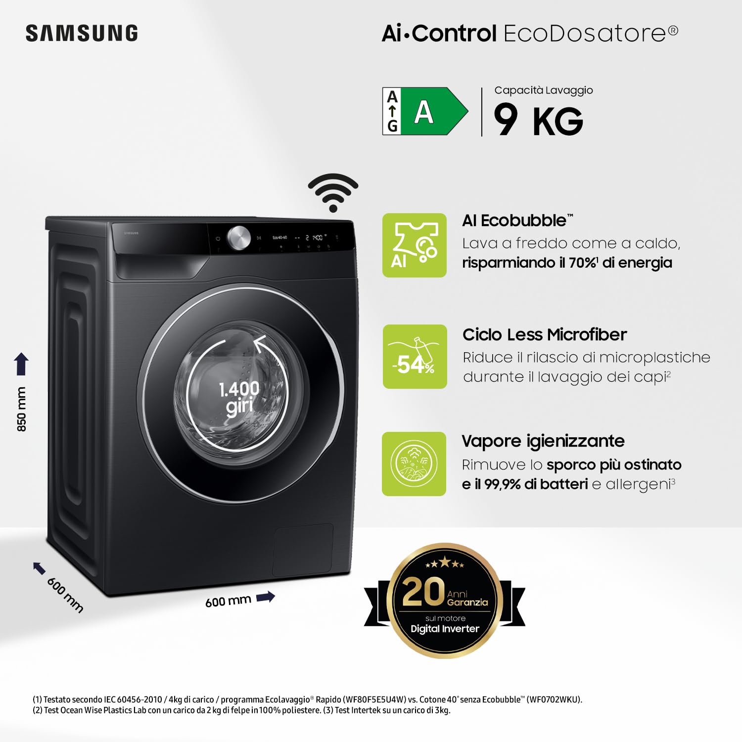 Samsung Lavatrice AI Control WW90DG6U85LB Libera installazione, 9 Kg, Wifi, Ecodosatore, Vapore, Carica Frontale, Nero (Ricondizionato)