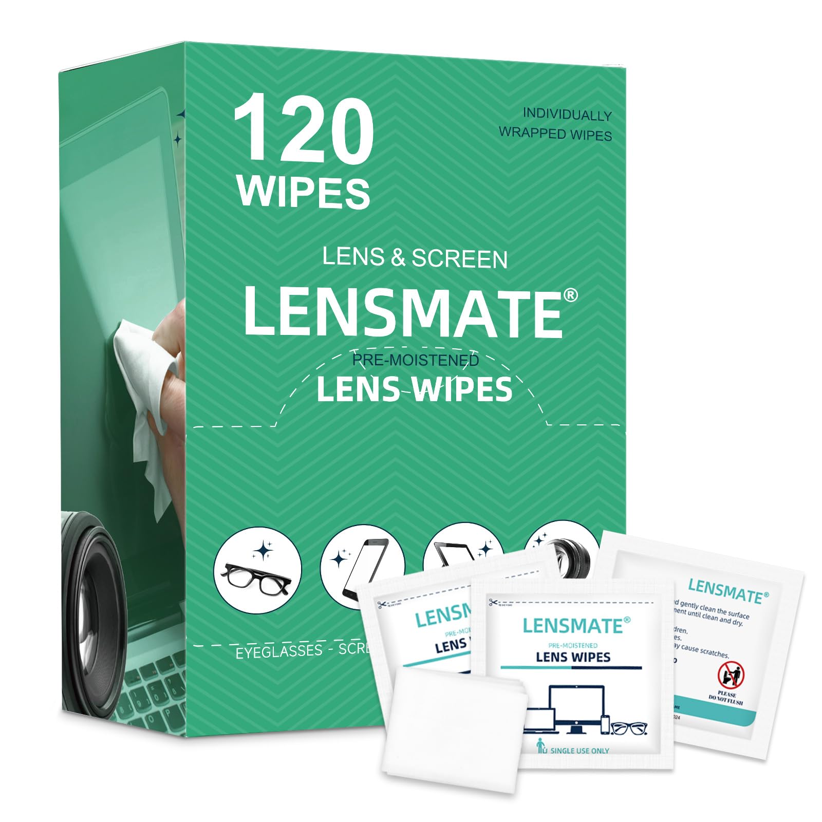Lensmate120 Count Lens Wipes for Eyeglasses, Pre-Moistened & Individually Wrapped Eyeglass Wipes, Lens Cleaning Wipes for Eyeglasses, Sunglasses, Goggles and Camera Lens