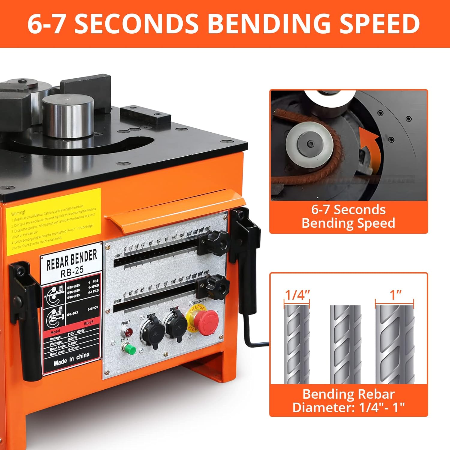1600W Electric Rebar Bender Machine, Bends 1 Inch Rebar, 0-180° Adjustable Angle with Preset Stops, Pure Copper Motor, Heavy-Duty Iron Body for Construction