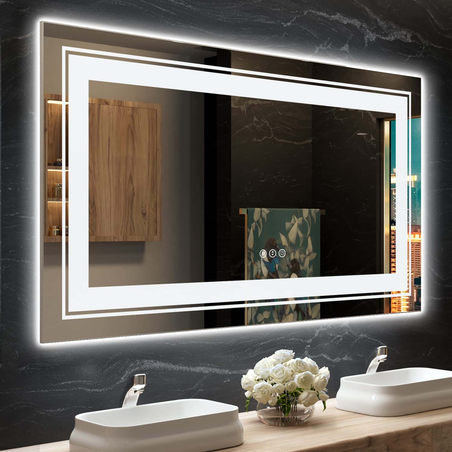 Snowdool 55X30 LED Bathroom Mirror with Lights, Front and Backlit Mirror Bathroom, Stepless Dimmable, Anti-Fog LED Mirror, Lighted Bathroom Vanity Mirror with 3 Colors, Shatter-Proof
