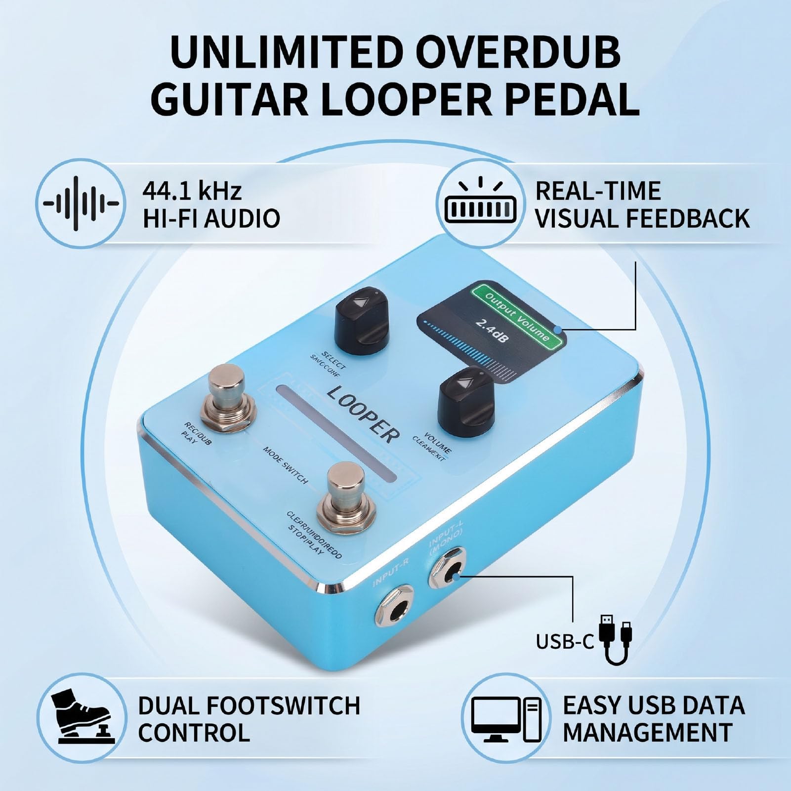 Generic Pedale Looper, Pedale Effetti per Chitarra Overdub Audio Illimitato a 44,1 KHz con 40 Slot di Memoria e Display LED per Performance Dal Vivo e Scrittura di Canzoni
