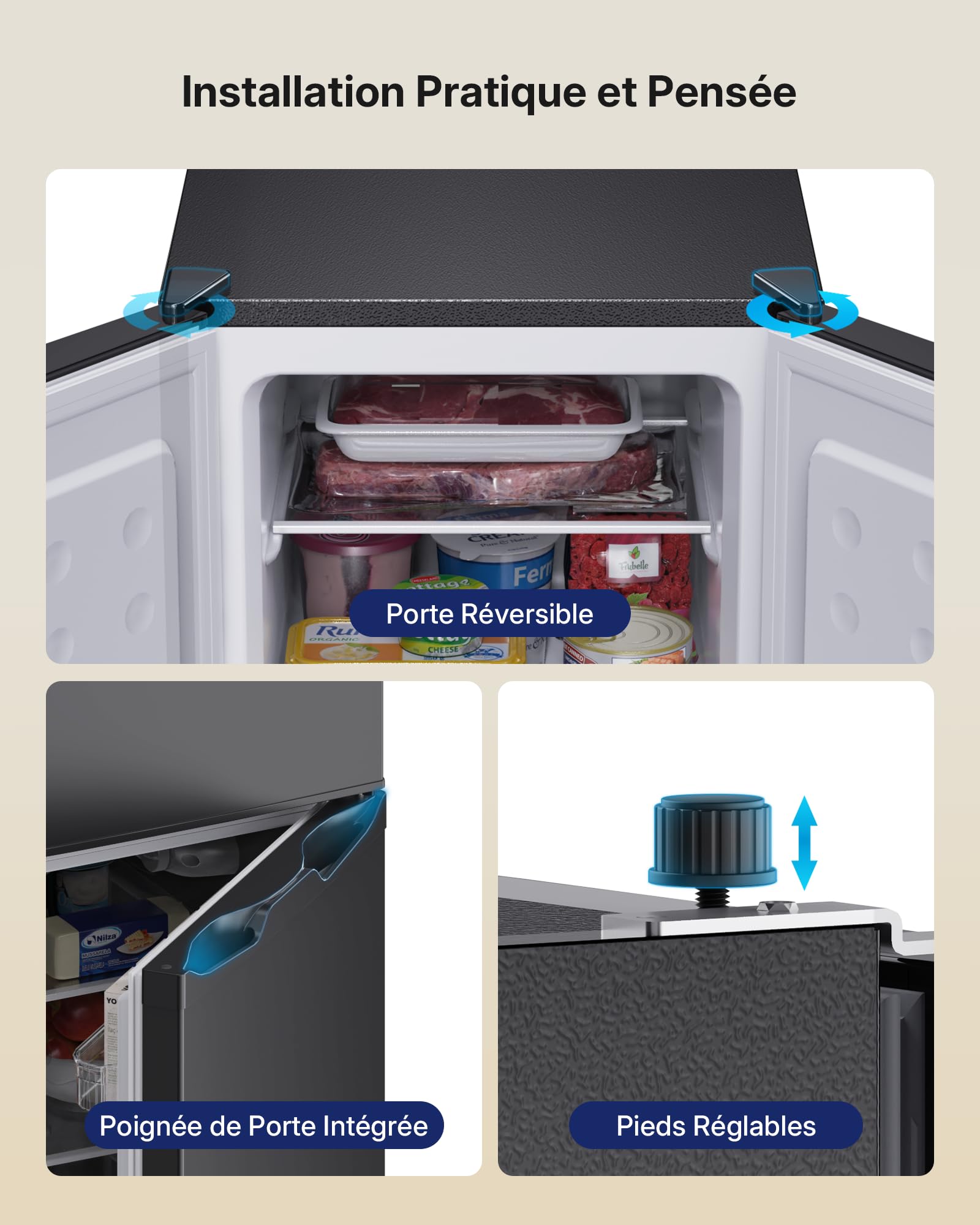 Upstreman Frigo Congélateur Combiné Indépendant 132L (98L Réfrigération + 34L Congélation), 7 Niveaux de Température, Refroidissement rapide, Frigo Noir pour Studio, Petit Appartement et Bureau, TM132
