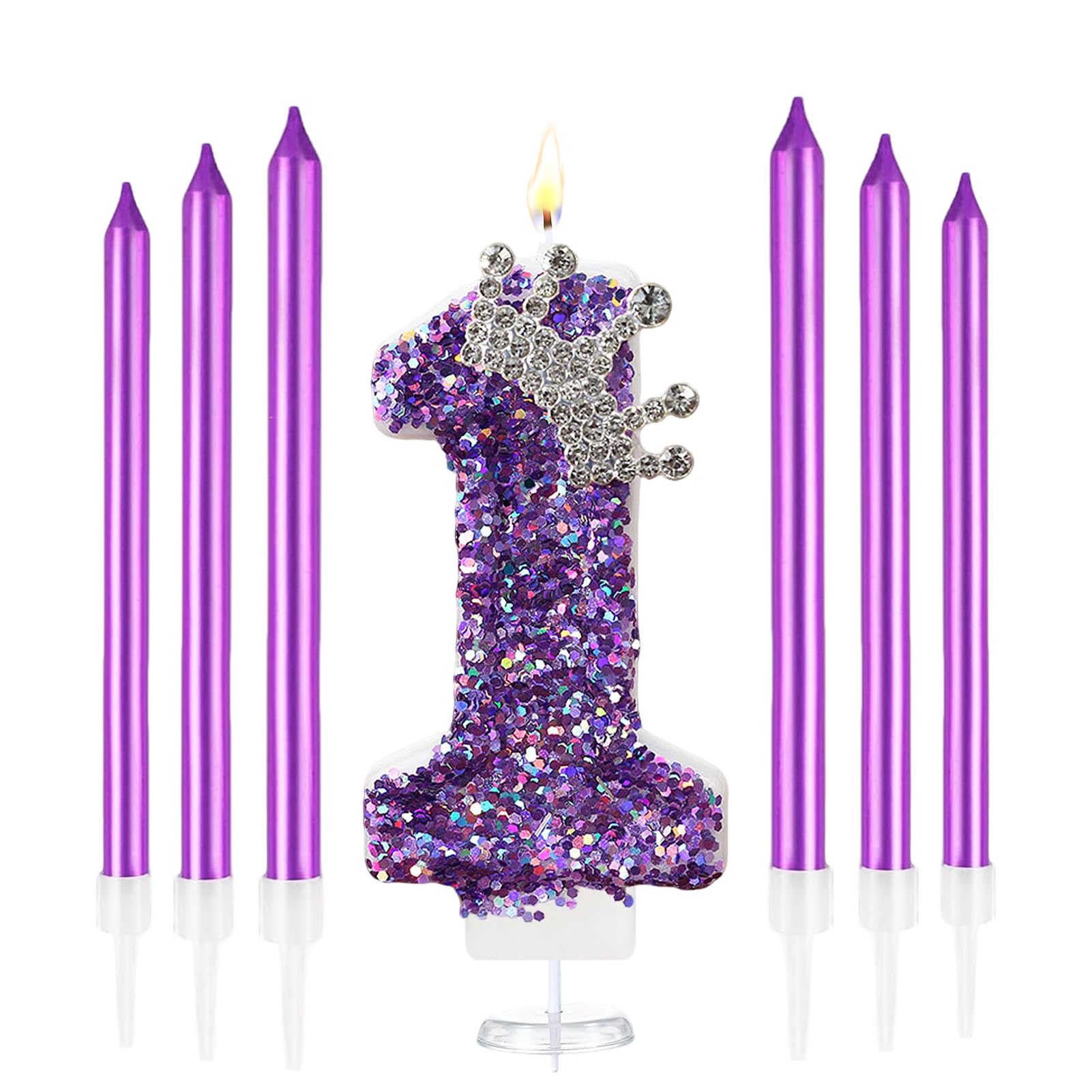 K Pop Number Birthday Candles, Glitter Crown Birthday Candles with 6 Pcs Long Candles, Stylish Kpop Music Themed Cake Topper for Girls Birthday Party Supplies (1 Candle, Holo Purple)