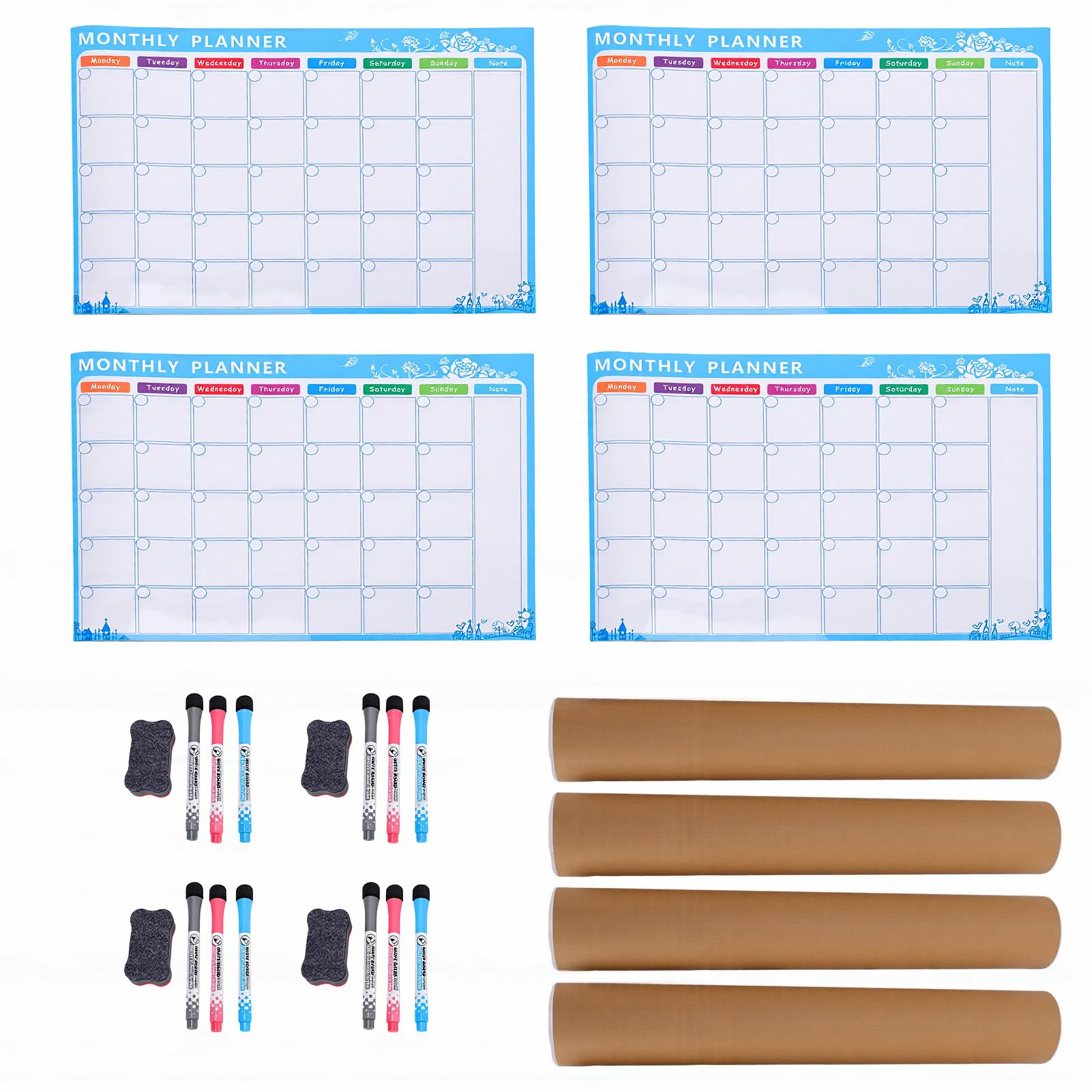 Karlak Magnet-Monatsplaner mit Farbmarkierungen und Radiergummi für Kühlschrank, Familienorganisation, Trocken Abwischbarer Kalender, 4 Stück (4 Sets roter, blauer, schwarzer Stift)