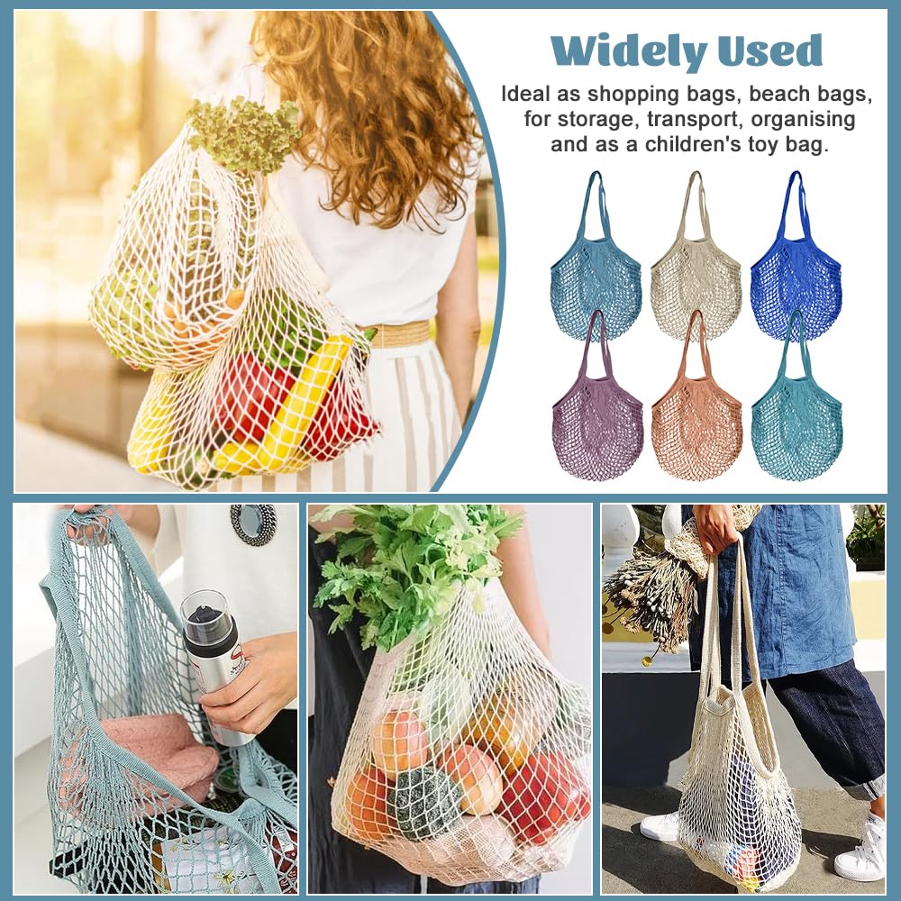 Sacs de Courses en Maille Coton 60x30 cm, Filet Provision Longue Poignée, Sac à Provisions Respirant pour Fruits Légumes, Lot de 6