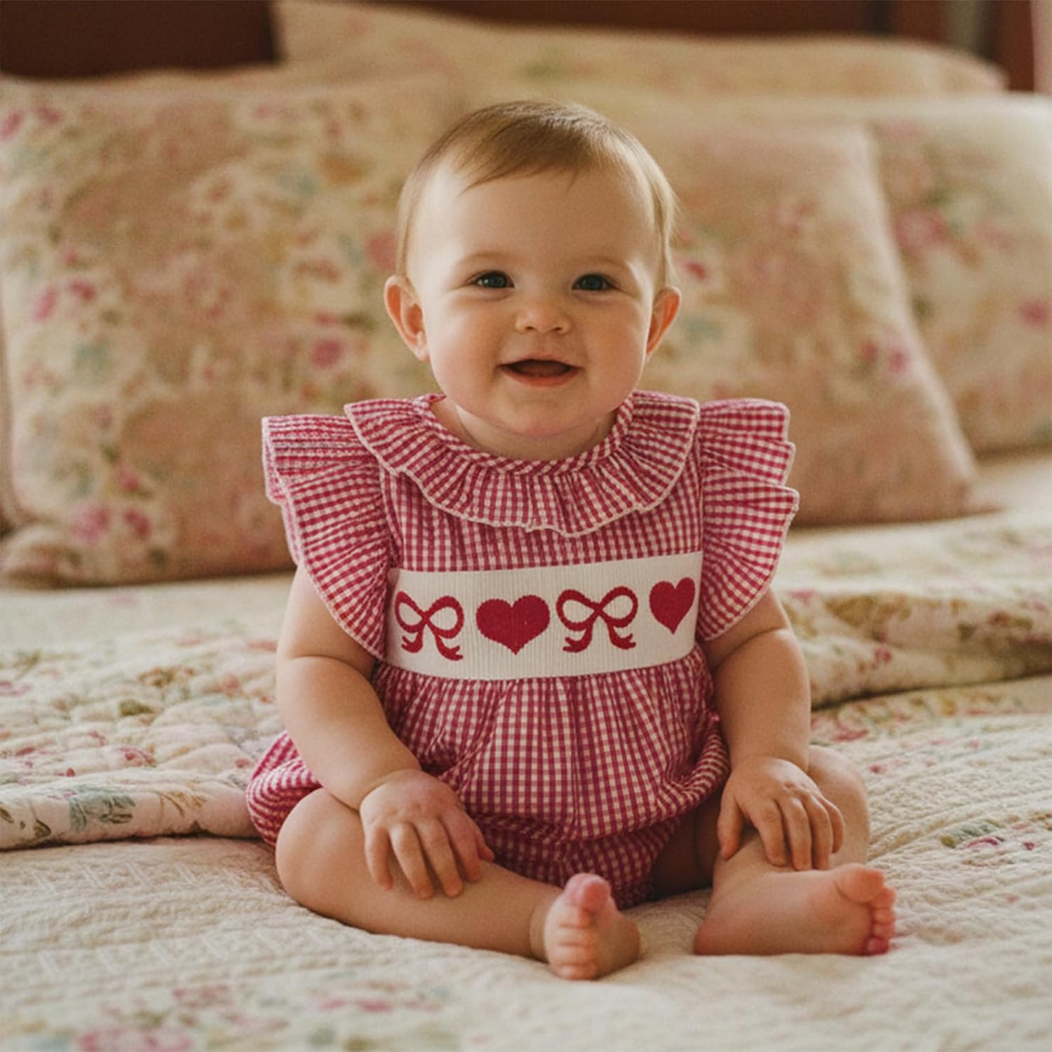 My First Valentines Day Baby Girl Outfit Infant Valentines Bubble Romper Love Heart Smocked Onesie Newborn Clothes - Image 2