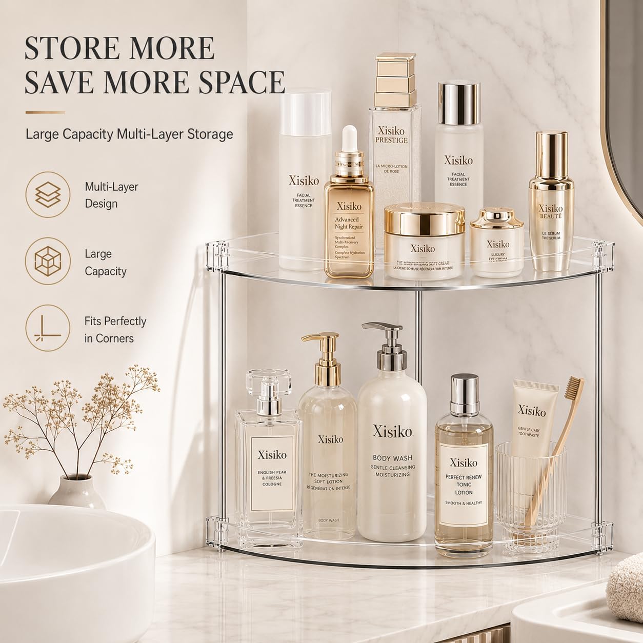 2 Tier Clear Corner Bathroom Counter Organizer, Vanity Countertop Storage Shelf for Makeup, Skincare, Perfume, Kitchen & Sink Organization, Space‑Saving Triangular Design, with Metal Support
