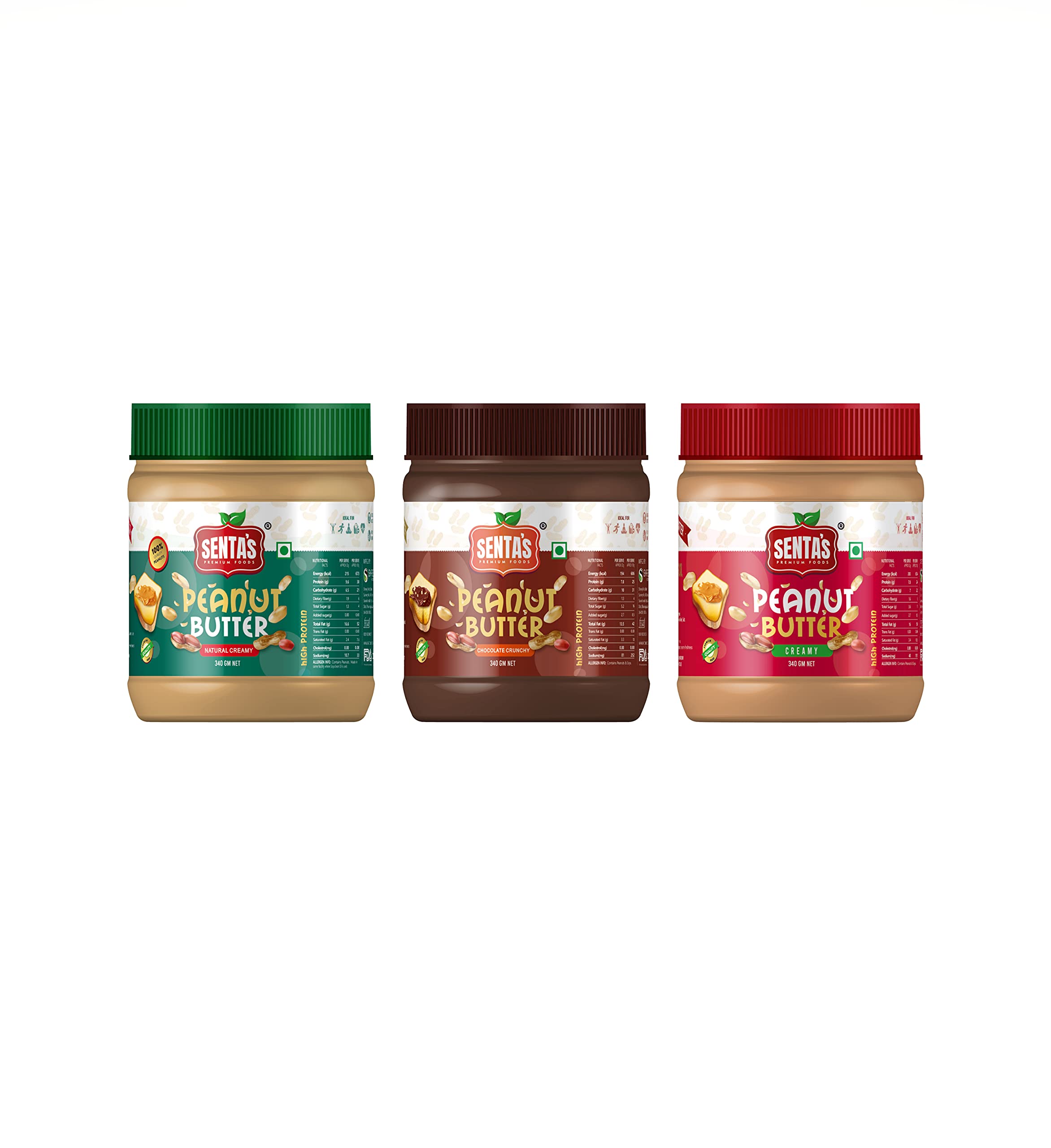Senta's Natural Creamy, Chocolate Crunchy & Creamy Peanut Butter Combo (Pack of 3) (340g + 340g + 340g = 1020g)