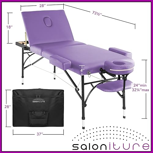 Miniatura 4 de Saloniture Mesa de masaje profesional portátil ligera de tres pliegues con patas de aluminio, incluye reposacabezas, soporte facial, reposabrazos y
