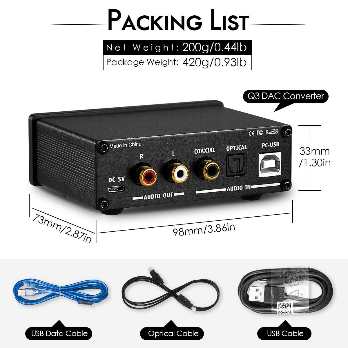 Nobsound Q3 Mini USB DAC convertitore da digitale ad analogico adattatore audio amplificatore per cuffie con ingressi coassiali ottici e controllo del tono dei bassi alti