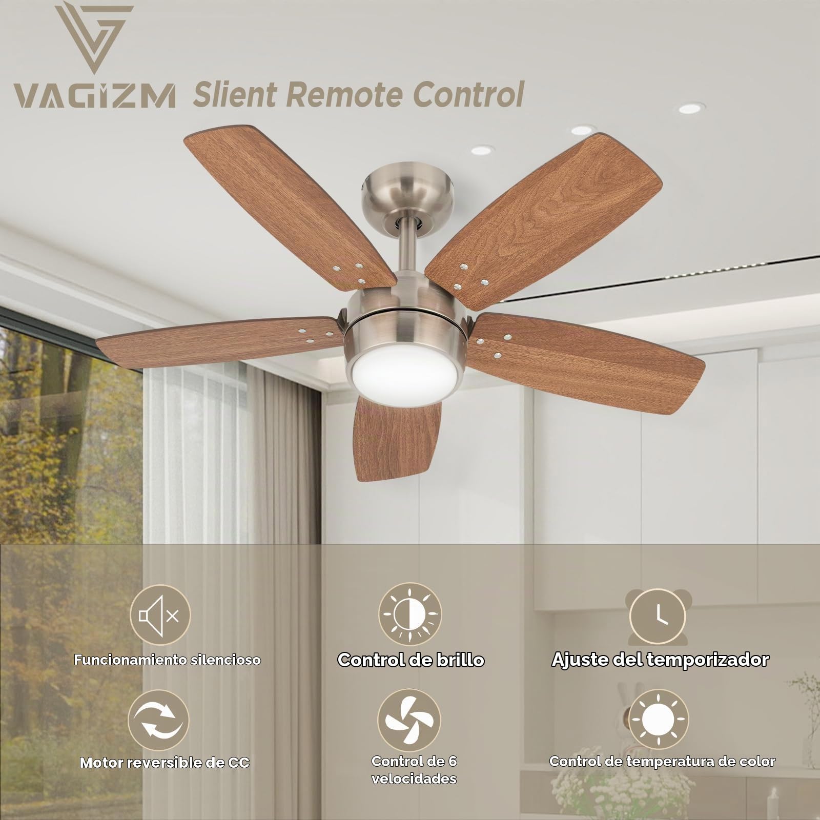 Ventilador de Techo 91 CM Para Habitaciones PequeñAs: Moderno Con Luz Regulable Y Control Remoto, Reversible, Silencioso, Con 6 Velocidades, Para Oficinas Y Dormitorios PequeñOs, 230 V | Fácil instalación, 6 velocidades, temporizador, techo inclinado a 18