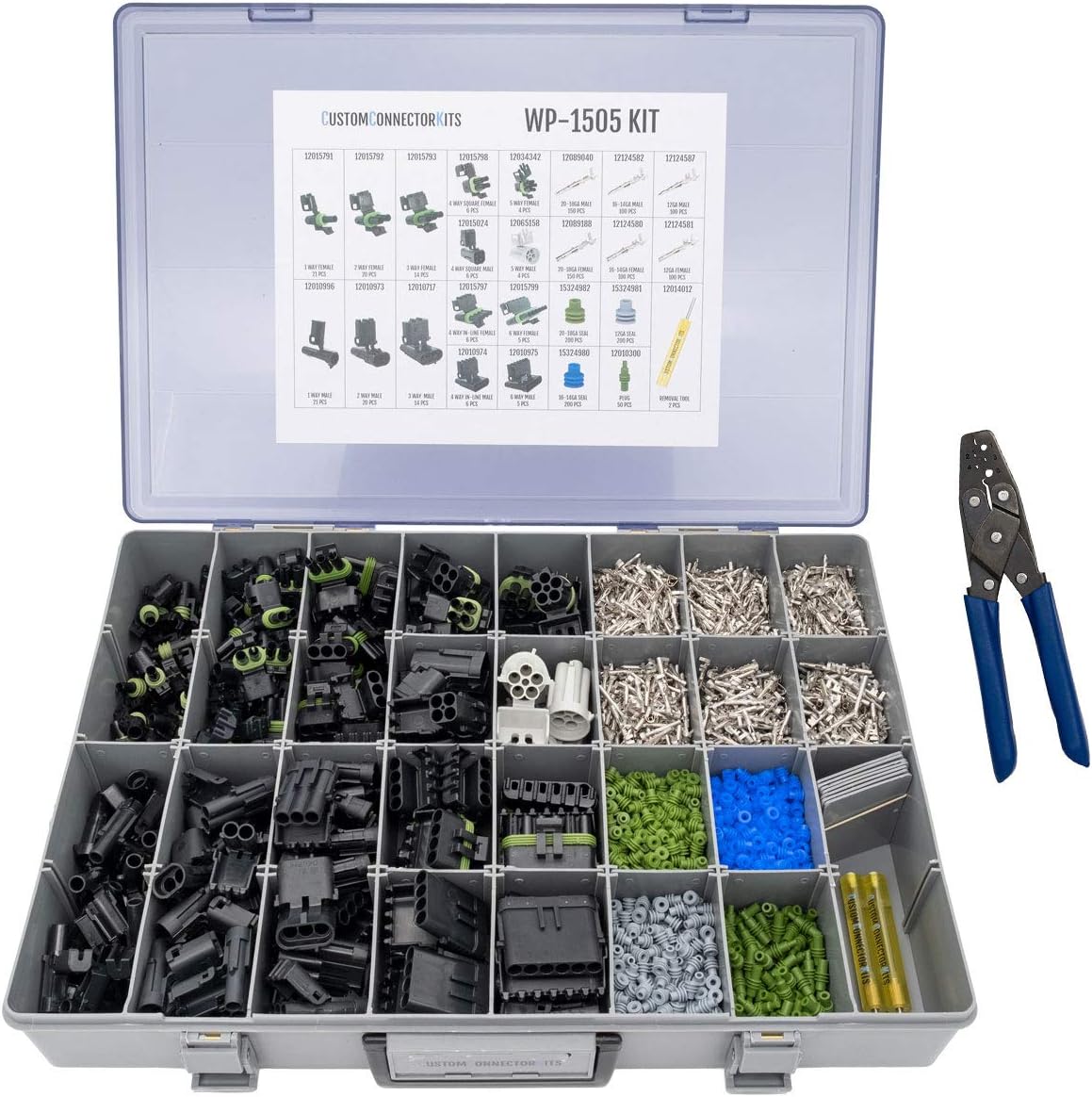 Delphi Weather Pack Pro Connector Kit WP-1505 with 20-14 AWG Crimp Tool: Sealed Weatherproof Automotive Electrical Connectors 20-12 Gauge 1505 Piece Kit with T-18 Crimp Tool