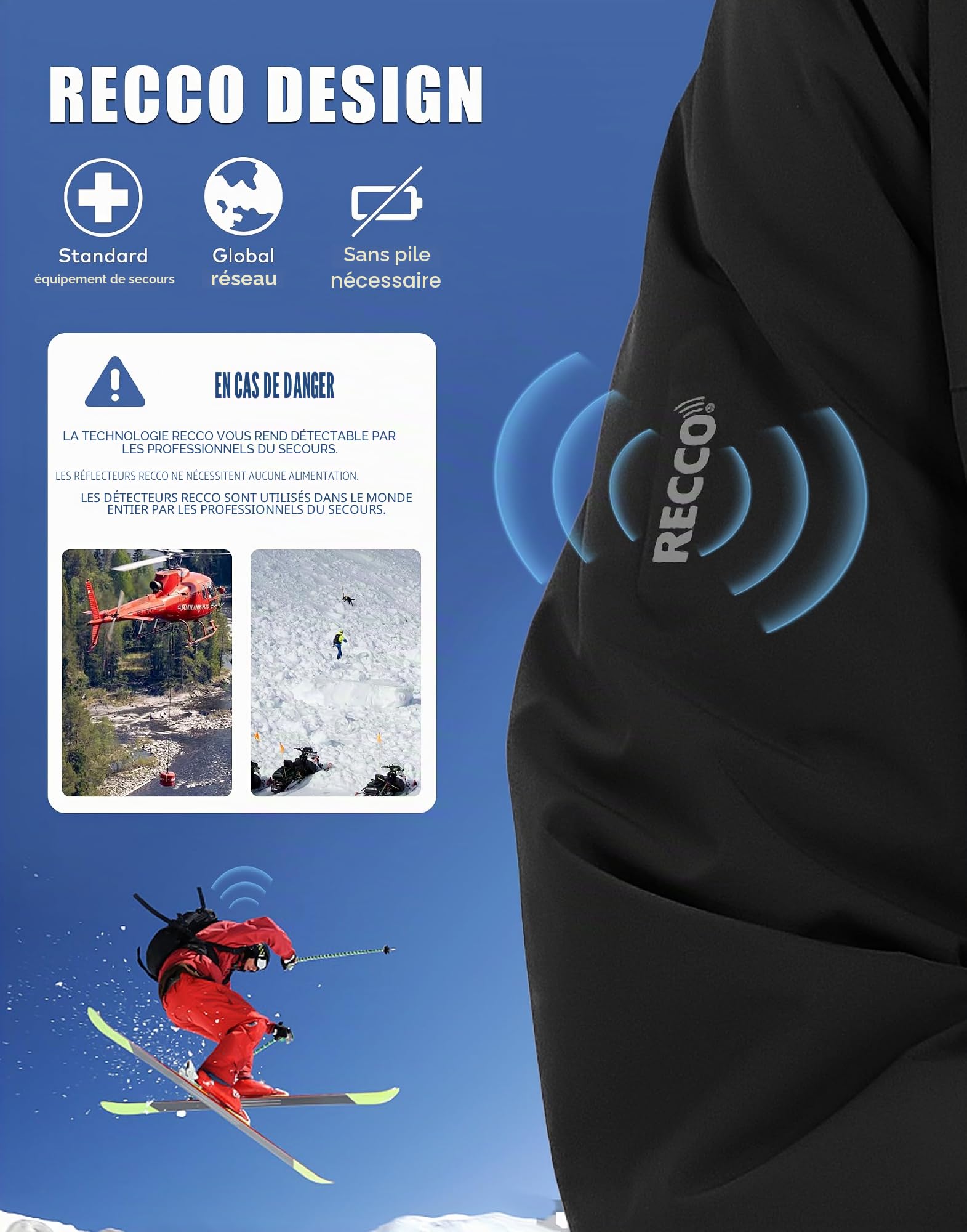 Pioneer Camp Homme Veste de Ski et Réflecteurs RECCO® Imperméable Snowboard avec Multi-Poches, Capuche