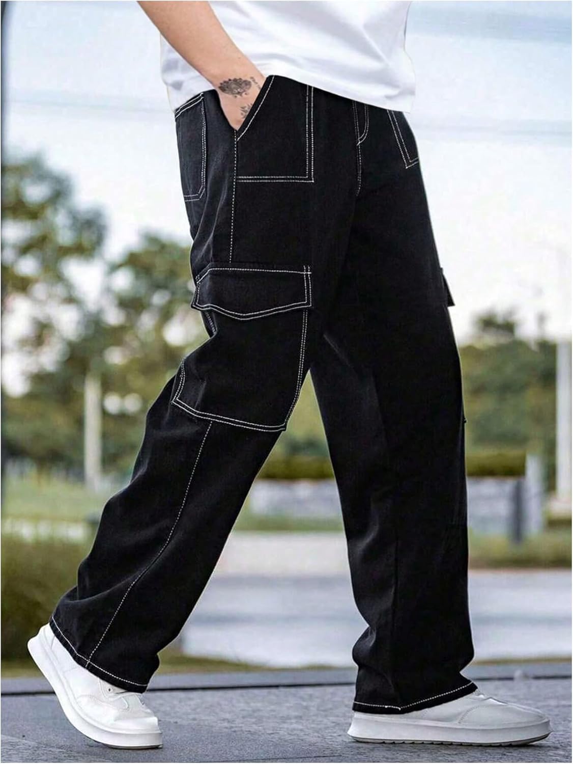 Men's Top Stitching Baggy Cargo Pants Y2K Drawstring Flap Pockets Casual Track Pants Trousers - Image 2