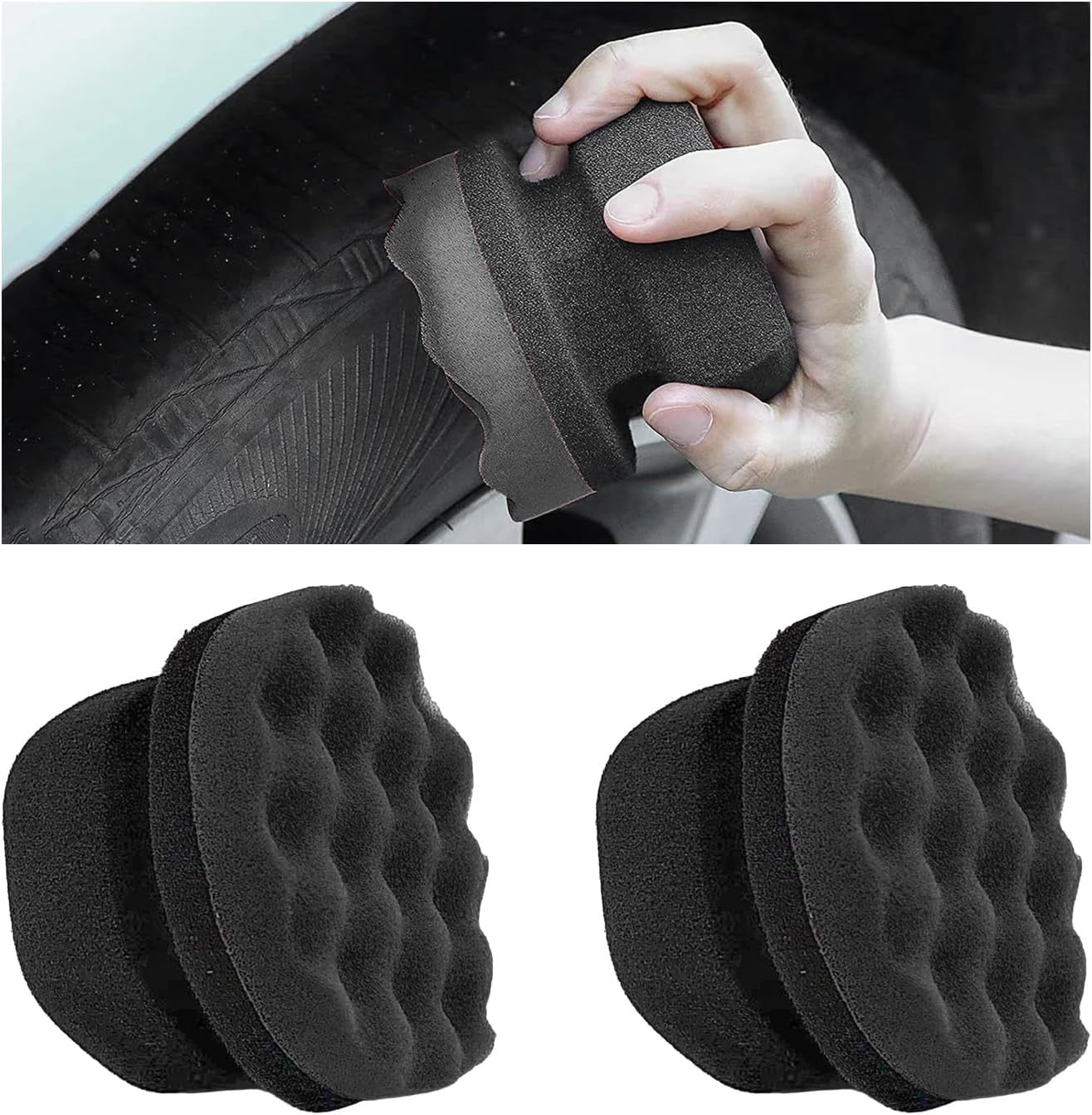 2 PCS Tire Dressing Applicator Pads, Reusable Hex Grip Tire Shine Applicator Polishing Sponge Pads, Wheel Tire Shine Detailing Foam for Most Vehicles, Car Accessories (Black, 4.33")