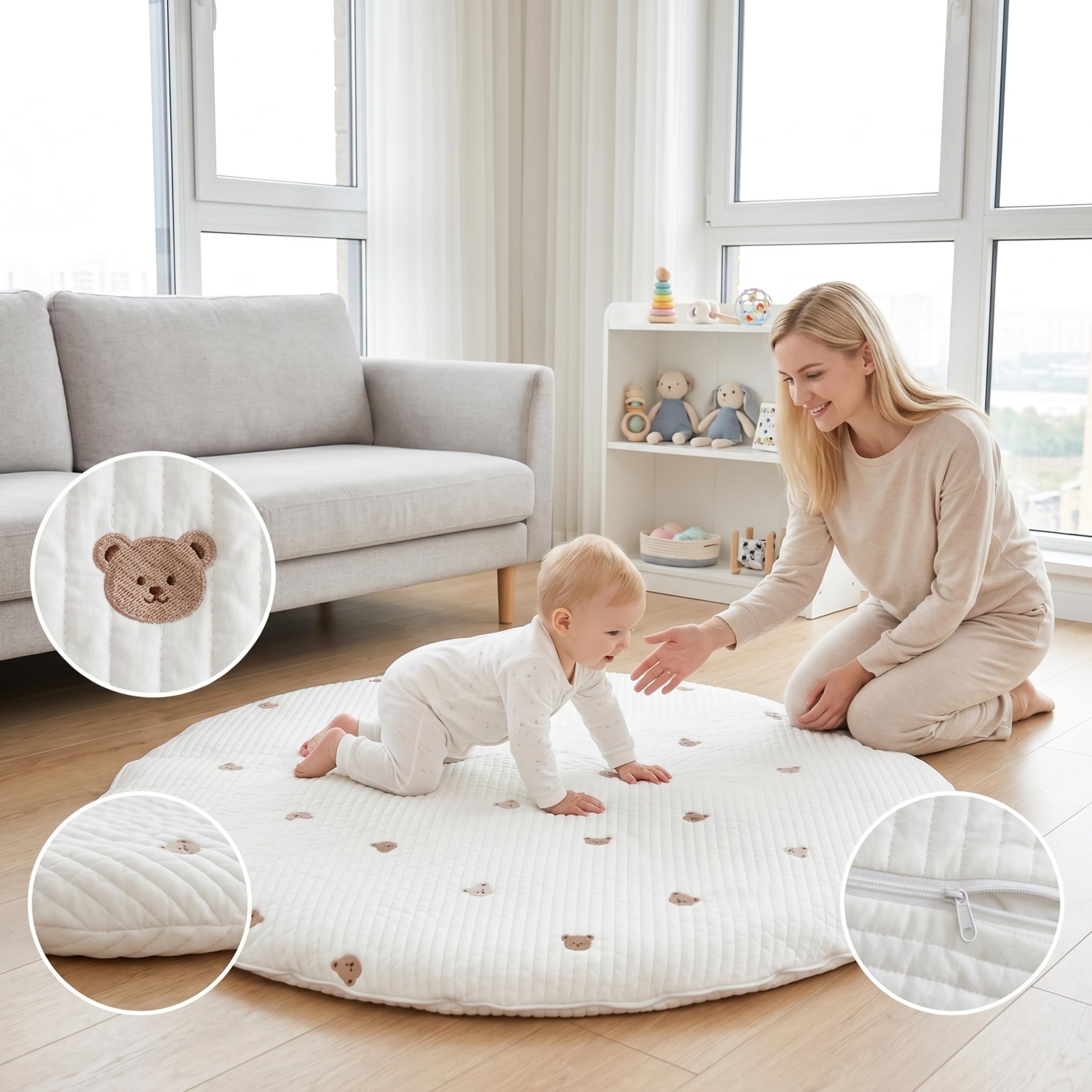 Tapis de Jeu Rond pour bébé pour Sol, Tapis d'éveil en Coton de 33, 5 Pouces, d'activité Amovible et Lavable, Salle Jeux pour Nourrissons, Tout-Petits, Ours