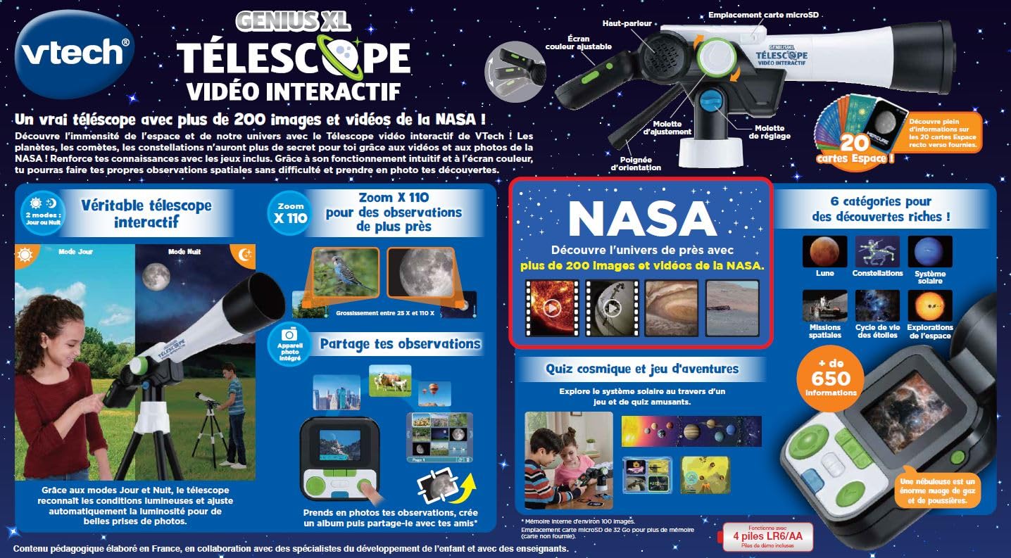 VTech - Genius XL Télescope Vidéo Interactif, Télescope Enfant avec Écran Couleur Numérique, Photos et Vidéos de la NASA, Jouet Scientifique Éducatif, Cadeau Enfant Dès 7 Ans - Contenu en Français