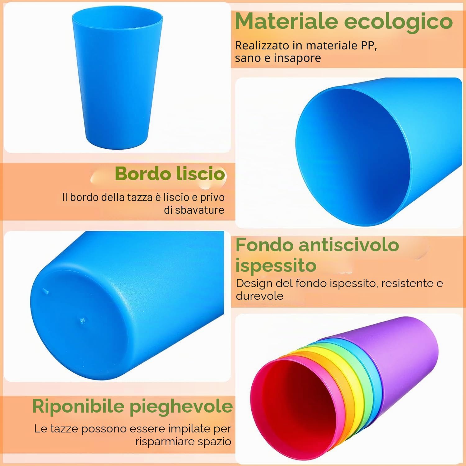 KAHEIGN 36 Pezzi Bicchieri di Plastica Riutilizzabili, 250ml Tazza di Plastica per Bambini per Cucina All'aperto Parti Picnic Barbecue Viaggi (6 Colori Vivaci)