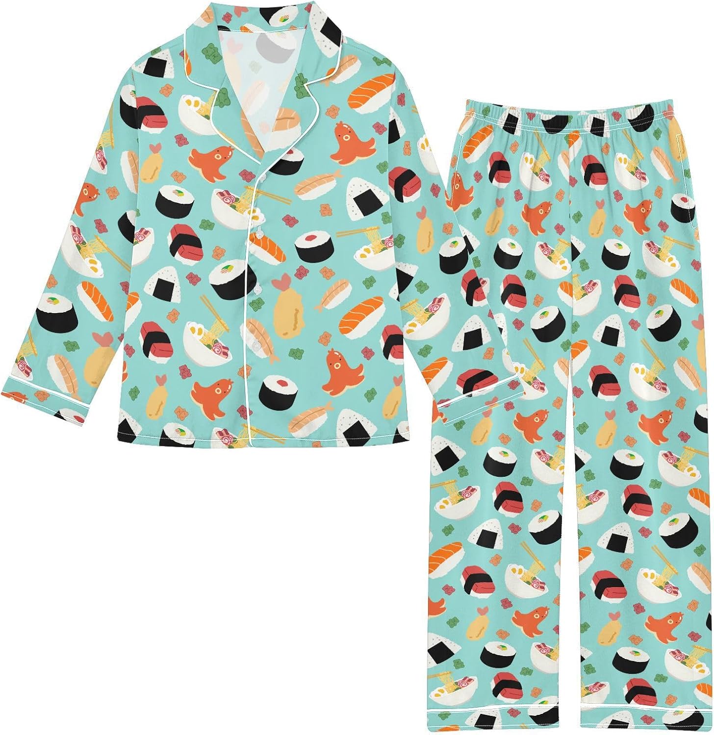 senya Delicious Sushi Dim Sum Satin Pajama Sets Long Sleeves Nightwear Button Down Sleepwear