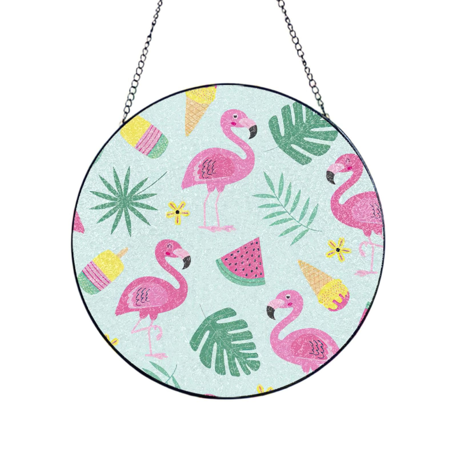 Flamingo Ice Cream Fruit Print Glass Sun Catcher For Windows Hanging Garden Ornament Womens Gift