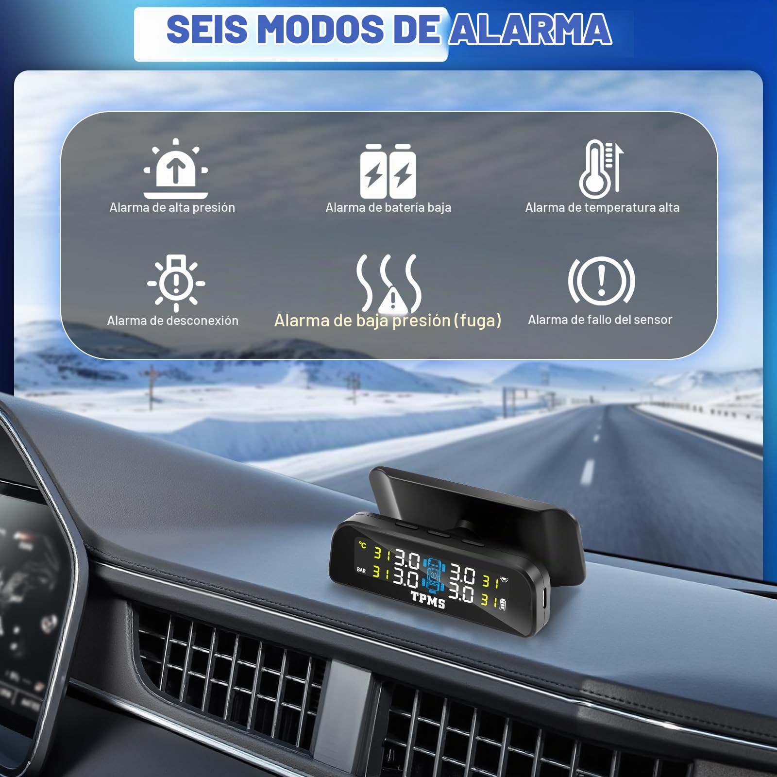 0-3.5Bar Sistema de Monitoreo de Presión de Neumáticos TPMS Solar Inalámbrico y Carga USB, 5 Modos de Alarma 4Sensor Externo de Presión de Neumáticos，para Auto SUV Camionetas