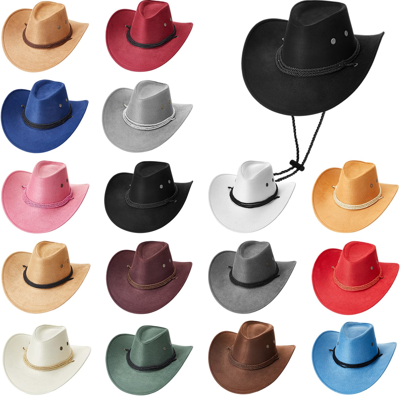 Henoyso Confezione da 16 cappelli da cowboy da donna, in finto feltro, stile occidentale, con bordo, per attività all'aperto, viaggi, classici, con cinghia, per Halloween, adulti, uomini, donne,