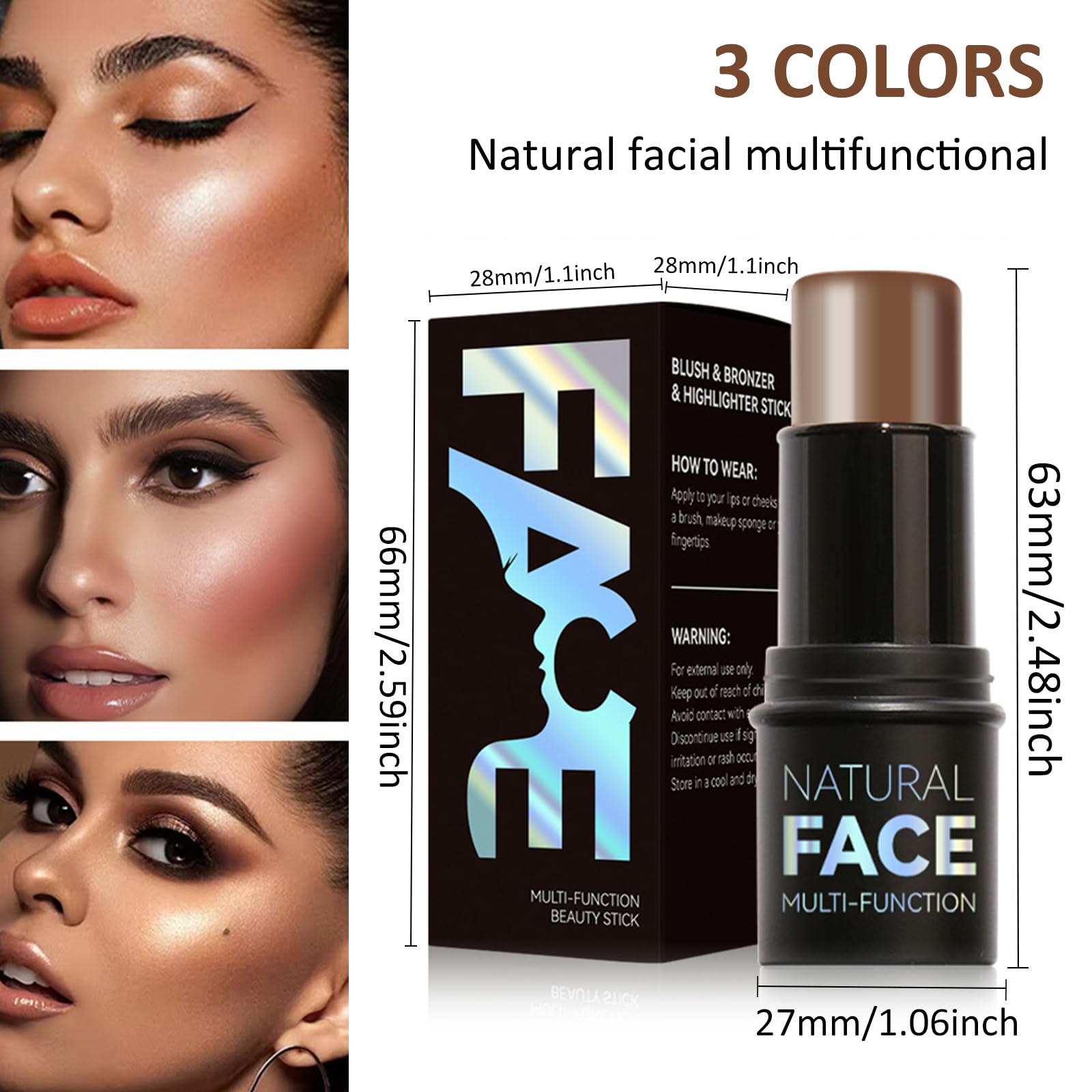 3 Pezzi Contouring Viso Stick, Leggero Contour Highlighter Blush Trucco Versatile Set, Lunga Durata Liscio Crema Stick per Contorno Fard Illuminante, Modella Facilmente il Viso per Guance Occhi