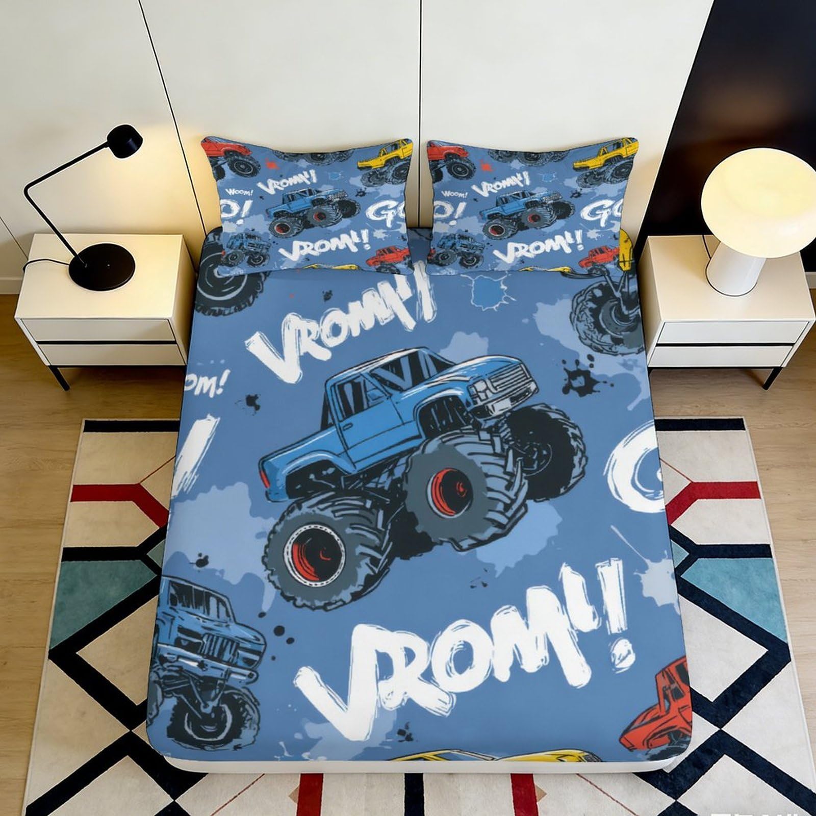 3D Printed Monster Truck Blue Fitted Sheet Microfiber Soft Durable Vroom Bed Cover for Bedroom Dormitory Guest Room Mattress Protection 120x200x25cm