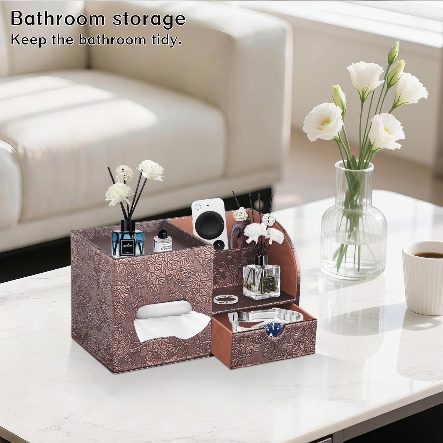 Fanousy Square Tissue Box Cover with Drawer Storage and Tray on Top, PU Leather Tissues Cube Boxes Holder, Modern Nightstand Organizer Caddy, Remote Control Holder for Bathroom, Bedside, Office, Home