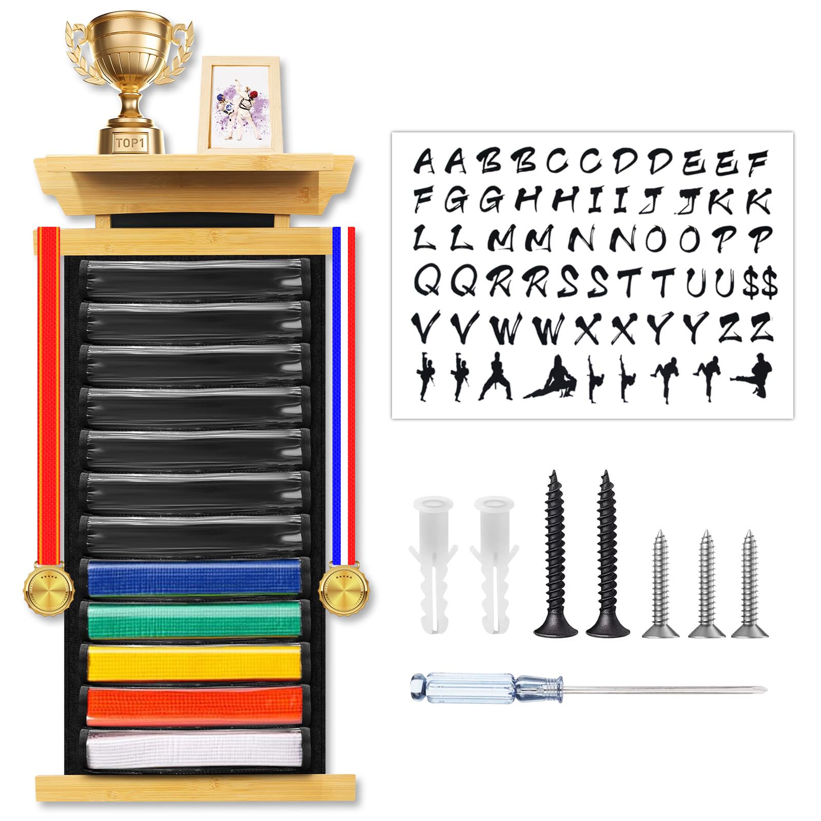 Espositore per cintura da karate, in legno, per 12 cinture da taekwondo, trofeo, con copertura antipolvere e adesivi, per adulti