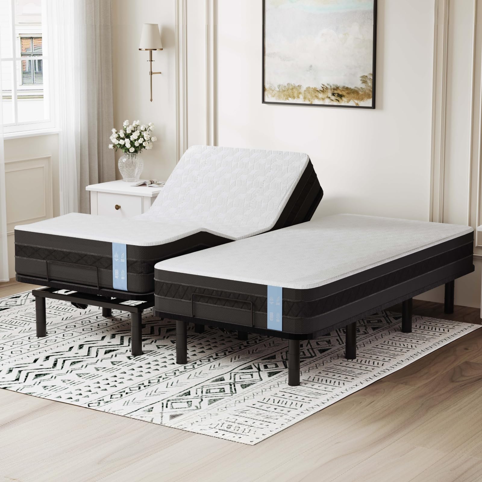 Adjustable Bed Frame Base Split King + 10" Cooling Gel Memory Foam Mattress, Massage, Head and Foot Incline, Zero Gravity, Zero Clearance, Under-Bed Lights, Anti-Snore, Wireless Remote