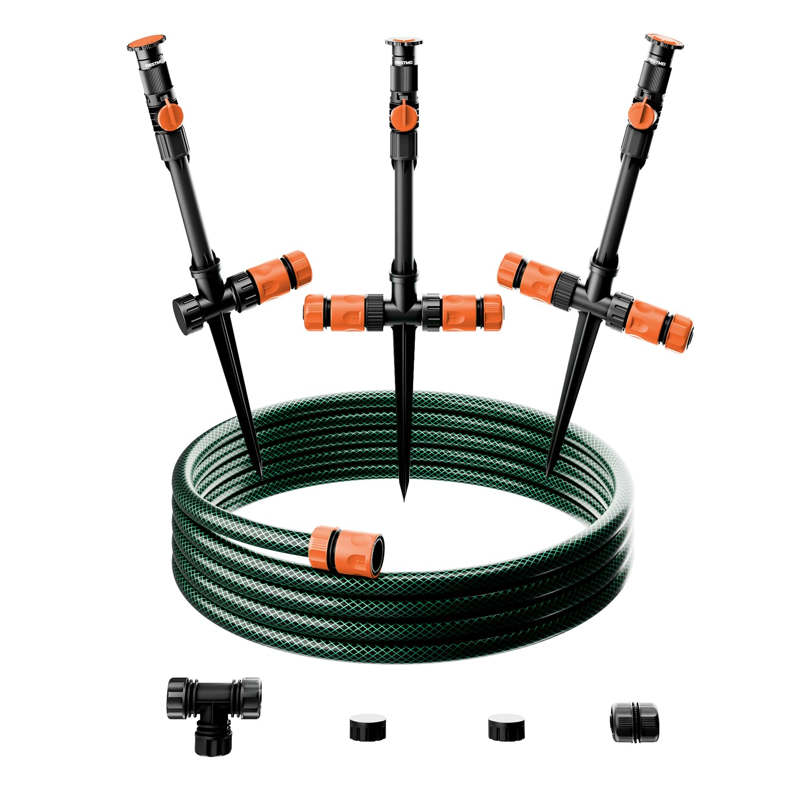 RESTMO Flexible Sprinkler System, Multi-Adjustable Lawn Sprinkler Set, Above Ground DIY Irrigation Kit with 10m(30ft) Garden Hose, Ideal for Plant and Flower Bed Watering, Orange