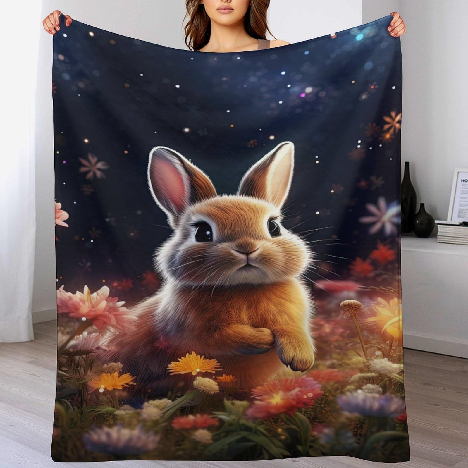 PAZZK Starry Flower Rabbit Super Soft Throw Blanket Throw for Sofa Couch Bed Fluffy Flannel Fleece Blanket Machine Washable Nap Blanket Bed Spread(130×180cm) — image 1